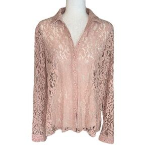 Goldie London Hooked on You Rose Blush Pink Floral Lace Button Front Blouse  M/L